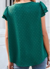Green tops,Plain Color tops,Ruffle Green Button Detail V Neck Blouse
