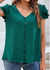 Green tops,Plain Color tops,Ruffle Green Button Detail V Neck Blouse