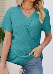 Wrap Turquoise V Neck Short Sleeve T Shirt