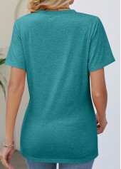 Turquoise tops,Plain Color tops,Wrap Turquoise V Neck Short Sleeve T Shirt