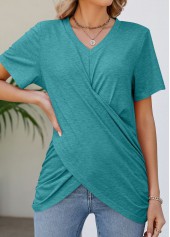 Turquoise tops,Plain Color tops,Wrap Turquoise V Neck Short Sleeve T Shirt