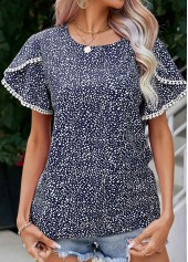 Patchwork Polka Dot Navy Round Neck Blouse