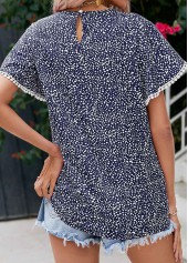 Navy tops,Dot tops,Patchwork Polka Dot Navy Round Neck Blouse