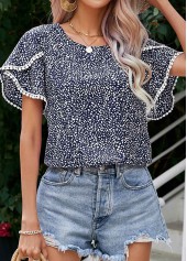 Navy tops,Dot tops,Patchwork Polka Dot Navy Round Neck Blouse