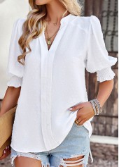 Smocked White Split Neck Half Sleeve Blouse