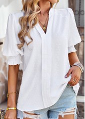White tops,Plain Color tops,Smocked White Split Neck Half Sleeve Blouse