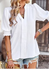 White tops,Plain Color tops,Smocked White Split Neck Half Sleeve Blouse