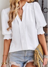 White tops,Plain Color tops,Smocked White Split Neck Half Sleeve Blouse