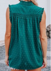 Green tops,Plain Color tops,Split Green Button Detail Sleeveless Blouse