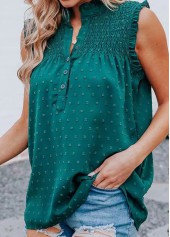 Green tops,Plain Color tops,Split Green Button Detail Sleeveless Blouse
