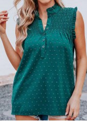 Green tops,Plain Color tops,Split Green Button Detail Sleeveless Blouse