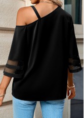 Black tops,Plain Color tops,Patchwork Black Asymmetrical Neck T Shirt