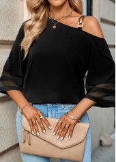 Black tops,Plain Color tops,Patchwork Black Asymmetrical Neck T Shirt