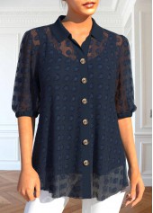 Navy tops,Plain Color tops,ROTITA Button Navy Shirt Collar Half Sleeve Blouse