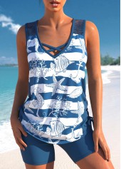 ROTITA Drawstring Peacock Blue Striped High Waisted Tankini Set
