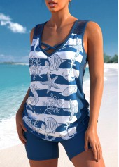 Peacock Blue swimwear,Striped swimwear,Geometric swimwear,Plants swimwear,Animal Print swimwear,ROTITA Drawstring Peacock Blue Striped High Waisted Tankini Set