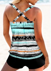 Multi Color swimwear,Geometric swimwear,Striped swimwear,ROTITA Criss Cross Multi Color Geometric Print Tankini Top
