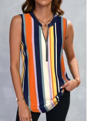 ROTITA Zipper Striped Multi Color Split Neck Tank Top