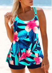 Circular Ring Neon Blue Floral Print Tankini Set