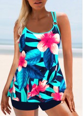 Neon Blue swimwear,Blue swimwear,Floral swimwear,Plants swimwear,ROTITA Circular Ring Neon Blue Floral Print Tankini Top