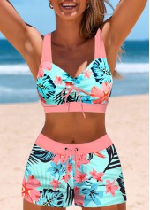 Light Blue swimwear,Floral swimwear,Plants swimwear,ROTITA Tie Light Blue Floral Print Bikini Set