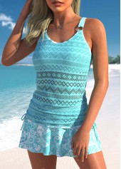 Cyan swimwear,Paisley swimwear,ROTITA Lace Drawstring Cyan Paisley Print Mid Waisted Tankini Set