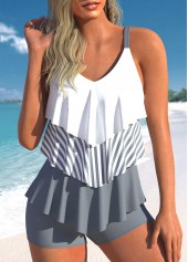 Patchwork V Neck Grey Striped Tankini Set