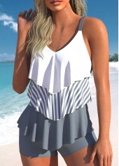 Grey swimwear,White swimwear,Striped swimwear,Geometric swimwear,ROTITA Patchwork V Neck Grey Striped Tankini Top