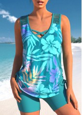 Lace Turquoise Tropical Plants Print Tankini Set