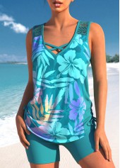Turquoise swimwear,Plants swimwear,Floral swimwear,ROTITA Lace Turquoise Tropical Plants Print Tankini Top