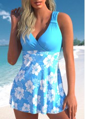Cyan swimwear,Plants swimwear,ROTITA Patchwork Cyan Tropical Plants Print Swimdress Top