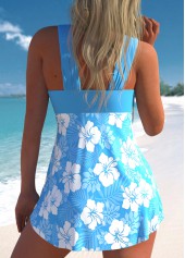 Cyan swimwear,Plants swimwear,ROTITA Patchwork Cyan Tropical Plants Print Swimdress Top