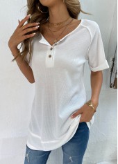 White tops,Plain Color tops,Button White Round Neck Short Sleeve T Shirt