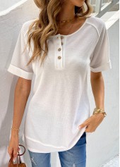 Button White Round Neck Short Sleeve T Shirt