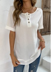 White tops,Plain Color tops,Button White Round Neck Short Sleeve T Shirt