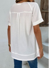 White tops,Plain Color tops,Button White Round Neck Short Sleeve T Shirt