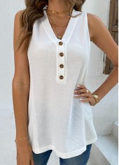 White tops,Plain Color tops,Button White V Neck Tank Top