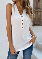 White tops,Plain Color tops,Button White V Neck Tank Top