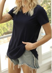 Black tops,Plain Color tops,Lightweight Black V Neck Short Sleeve T Shirt
