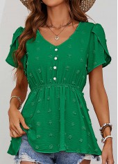 Green tops,Plain Color tops,Button Green V Neck Short Sleeve Blouse