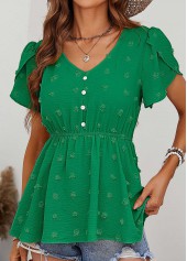 Green tops,Plain Color tops,Button Green V Neck Short Sleeve Blouse