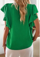 Green tops,Plain Color tops,Ruffle Green Stand Collar Short Sleeve Blouse