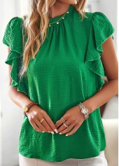 Ruffle Green Stand Collar Short Sleeve Blouse