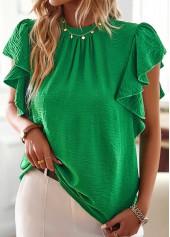 Green tops,Plain Color tops,Ruffle Green Stand Collar Short Sleeve Blouse