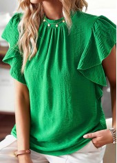 Green tops,Plain Color tops,Ruffle Green Stand Collar Short Sleeve Blouse
