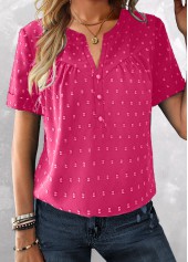 Hot Pink tops,Plain Color tops,ROTITA Button Hot Pink Split Neck Short Sleeve Blouse