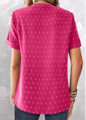 Hot Pink tops,Plain Color tops,ROTITA Button Hot Pink Split Neck Short Sleeve Blouse