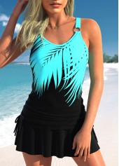 Drawstring Black Tropical Plants Print Tankini Set