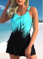 Black swimwear,Cyan swimwear,Plants swimwear,ROTITA Drawstring Black Tropical Plants Print Tankini Top