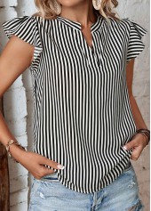 Ruffle Striped Black Split Neck Short Sleeve Blouse